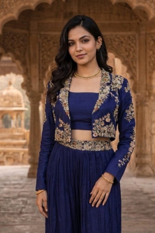 Royal Blue Silk Indo Western with Hand Embroidered Jacket