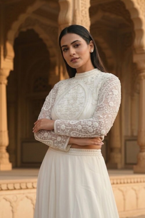 Cream Satin Silk Indo-Western Crop Top & Palazzo Set with Pearl Handwork