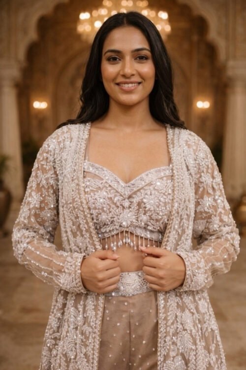 Beige Net Indo Western Palazzo Set with Full Sleeve Handwork Jacket