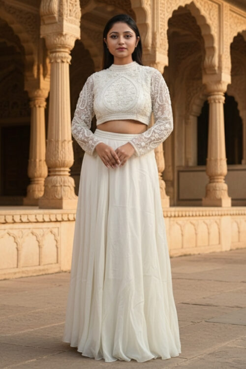 Cream Satin Silk Indo-Western Crop Top & Palazzo Set with Pearl Handwork