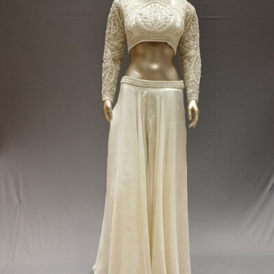 Cream Satin Silk Indo-Western Crop Top Set & Palazzo with Pearl Work