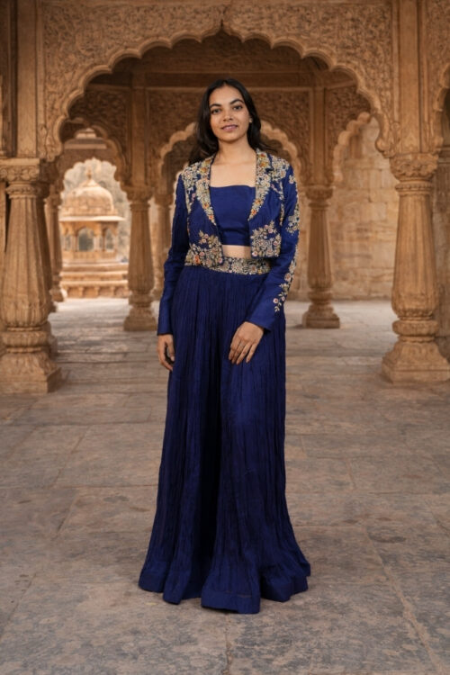 Royal Blue Silk Indo Western with Hand Embroidered Jacket