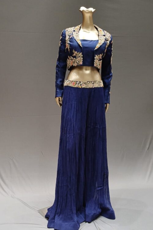 Royal Blue Silk Indo Western Crop Top with Hand Embroidered Jacket & Belted Palazzo set