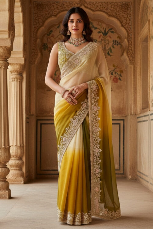 Green & Off-White Shaded Organza Tissue Saree with Heavy Handwork Border