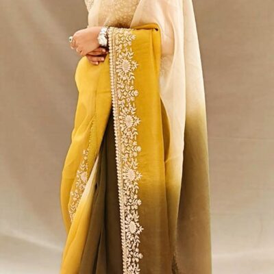 Green and Off-White shaded Organza Tissue Saree with Heavy Handwork Border