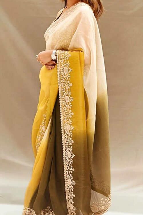 Green and Off-White shaded Organza Tissue Saree with Heavy Handwork Border