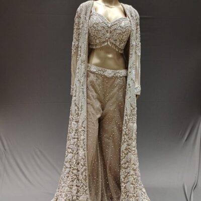 Beige Net Indo western Palazzo Set with Blouse and Full Sleeve Handwork Jacket – Luxury Party Wear