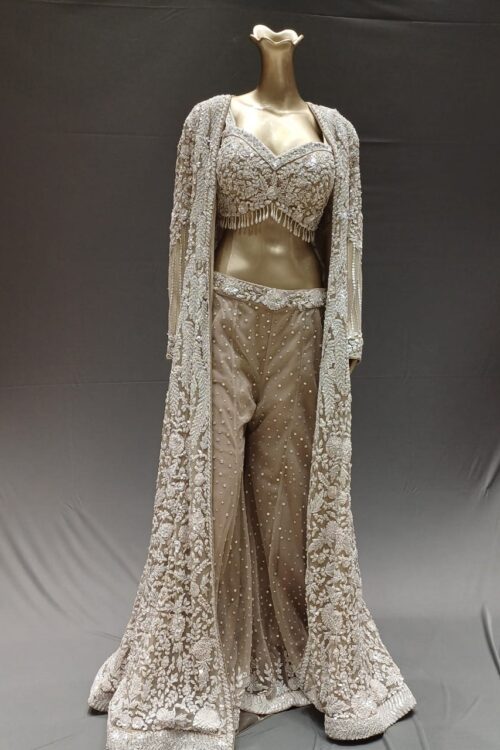 Beige Net Indo western Palazzo Set with Blouse and Full Sleeve Handwork Jacket – Luxury Party Wear