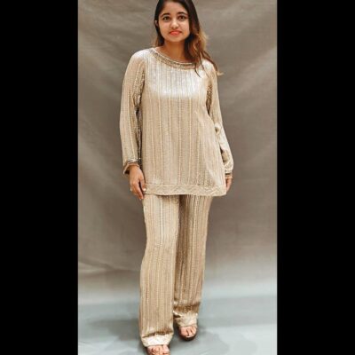 Cream Georgette Handwork Top with Pants – Party Wear