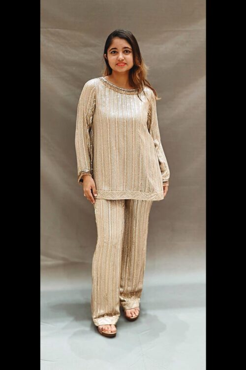 Cream Georgette Handwork Top with Pants – Party Wear