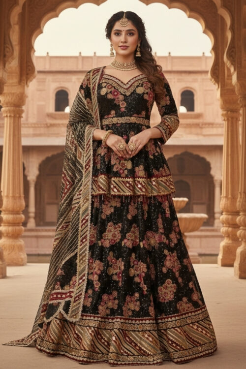 Black Net & Velvet Hand Embroidered Lehenga with Sequin Top & Dupatta