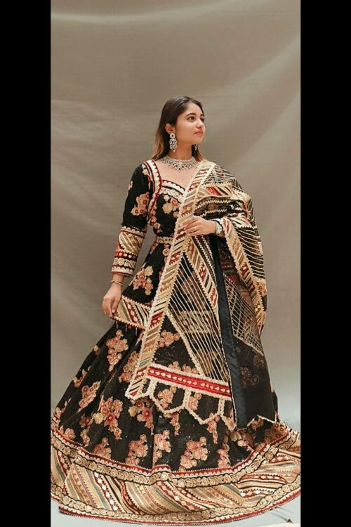 Net Hand Embroidered Velvet Lehenga with Sequin Top & Dupatta – Luxury Wedding Wear
