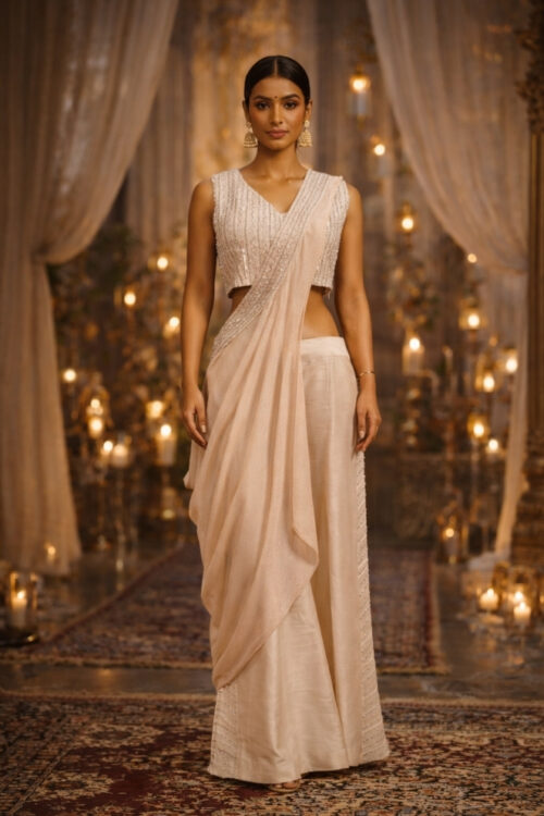 Off White Raw Silk Palazzo with Handwork Blouse & Detachable Dupatto