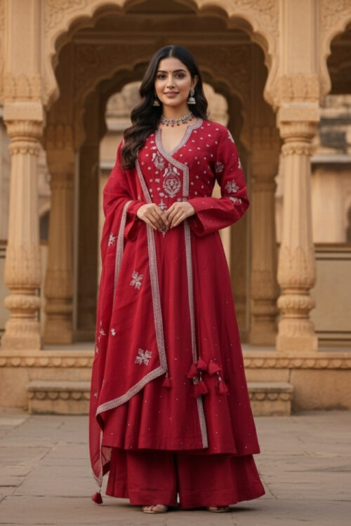 Red Silk Anarkali Suit with Palazzo & Handworked Organza Dupatta