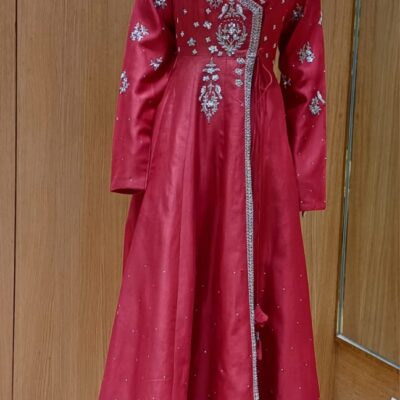 Red Silk Anarkali Handwork Dress with Palazzo & Organza Dupatta, Designer Collection