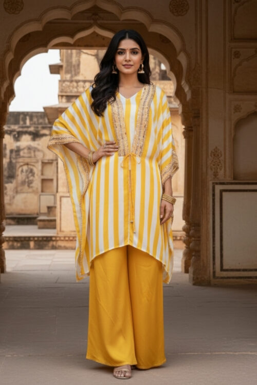 Yellow and White Striped Satin Silk Kaftan Set