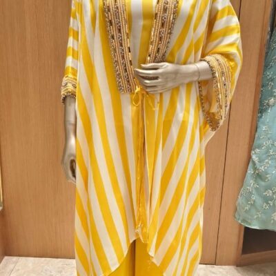 Yellow & White Striped Satin Silk Kaftan Style Indo western – Designer Casual Wear
