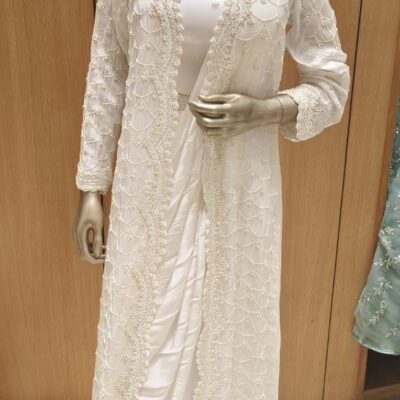 Off White Satin Silk Crop Top with Jacket & Draped Skirt – Indo Western Wedding Wear