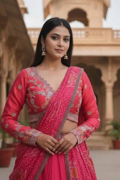 Rani Silk Handcrafted Indo-Western Lehenga with Bandhej Draped Dupatta
