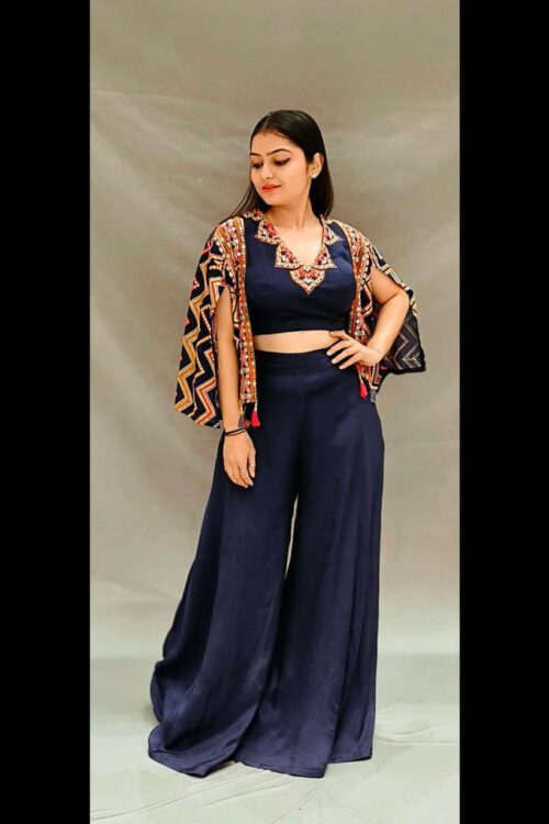 Blue Georgette Crop Top Cape Set Palazzo with Stylish Jacket indo western style