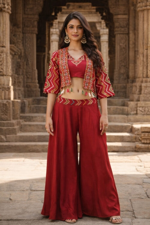 Red Georgette Crop Top Cape Set with Embroidered Jacket