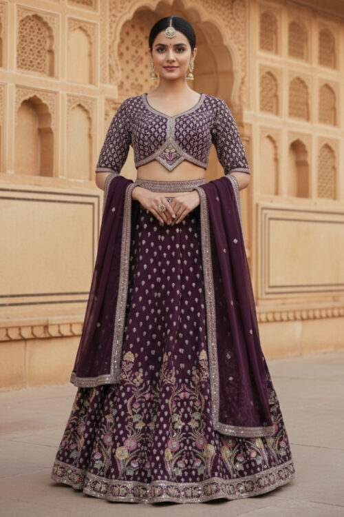 Wine Georgette Lehenga Choli with Sequins & Resham Work