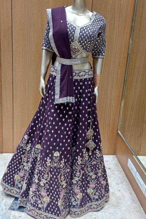 Wine Georgette Lehenga Choli with Full Sequins & Resham Work – Wedding Lehenga