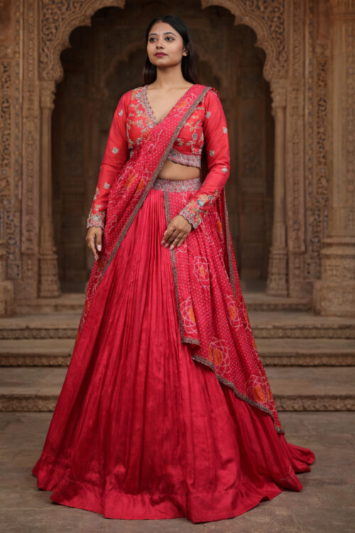 Rani Silk Handcrafted Indo-Western Lehenga with Bandhej Draped Dupatta