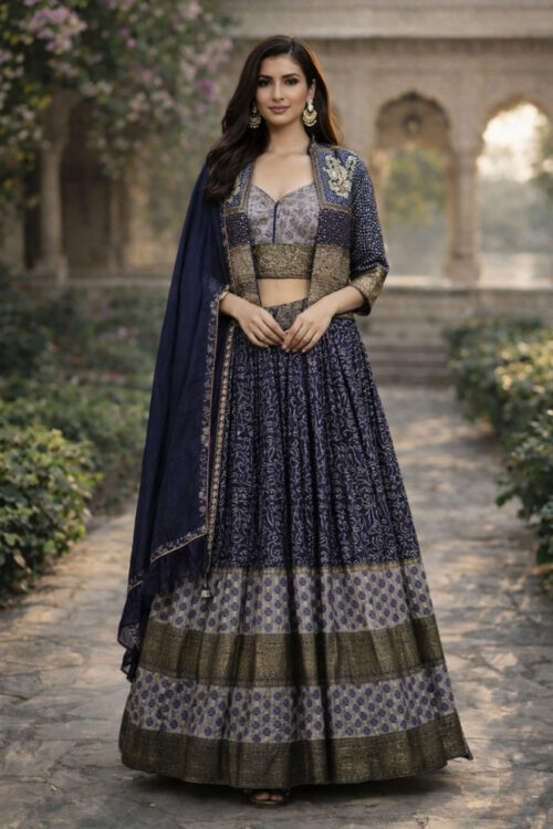 Navy Blue Georgette Silk Indo Western Cape Set with Handwork