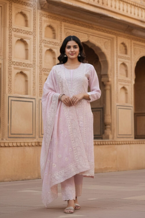 Rose Pink Silk Salwar Suit with Hand Embroidery