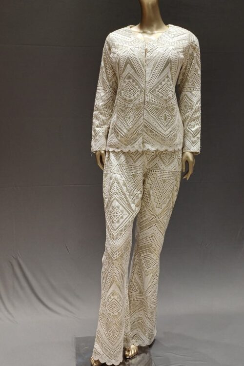 Ivory  Multi Net Co-Ord Set with Cutwork & Dupatta