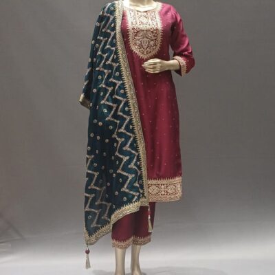 Maroon Silk Readymade Suit Set with Elegant Embroidery Work