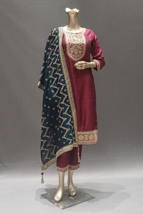 Maroon Silk Readymade Suit Set with Elegant Embroidery Work