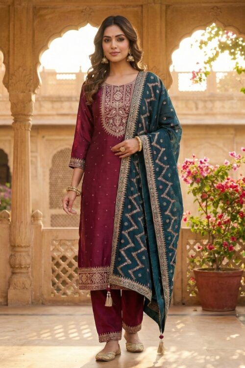 Maroon Silk Straight Suit Set with Embroidery