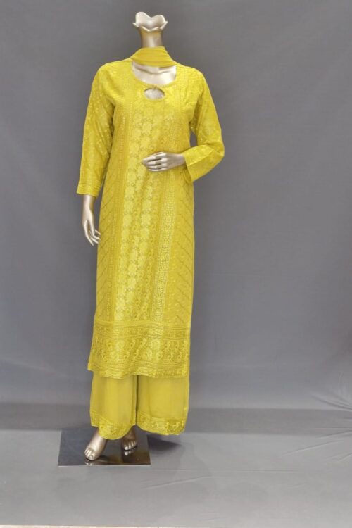 Yellow Chiffon Silk palazza Suit with Detailed Embroidery Work