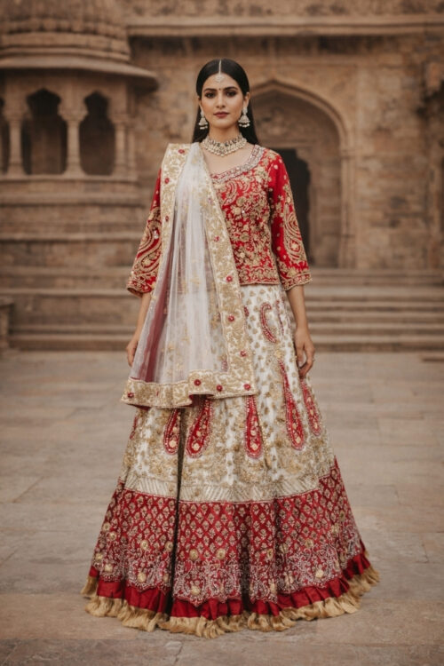 White & Red Designer Gharara Suit with Heavy Handwork