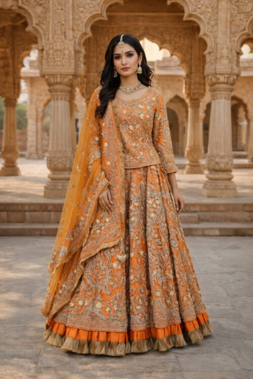 Orange Raw Silk Lehenga Choli with Dupatta