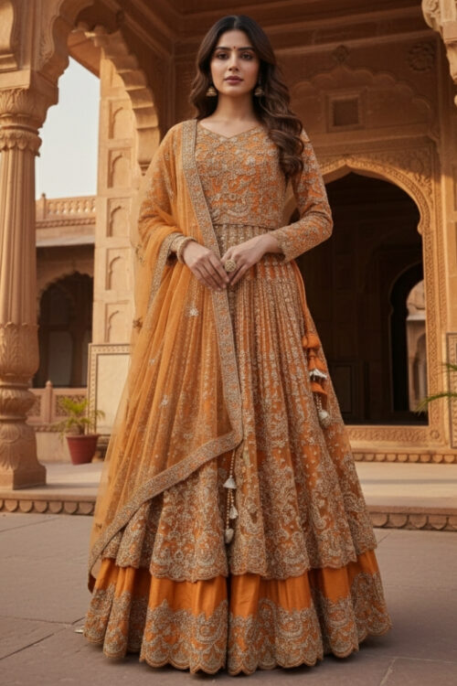 Mustard Raw Silk Indo-Western Peplum Lehenga with Dupatta