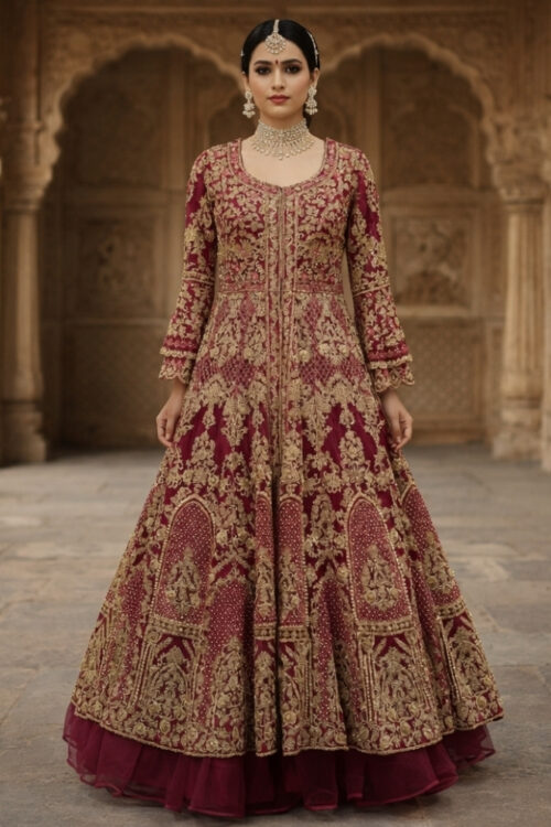 Maroon Net Gharara Suit with Embroidered Top and Scalloped Dupatta