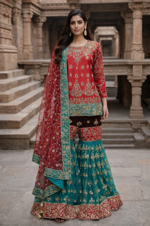 Red & Firozi Silk Sharara Suit with Net Dupatta