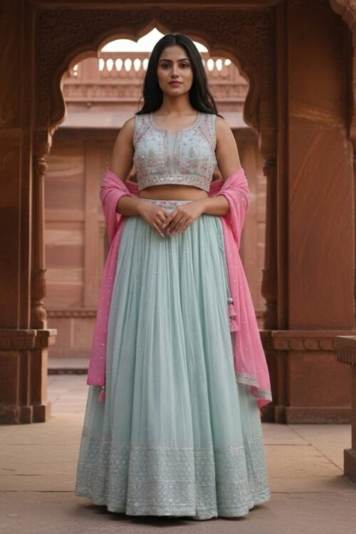 Sea Green Georgette Lehenga with Silk Handwork Blouse