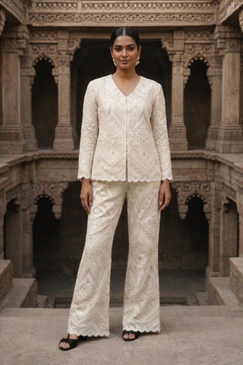 Ivory Multi Net Co-Ord Set with Cutwork & Dupatta