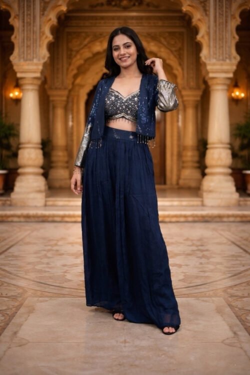 Blue Georgette Palazzo Set with Embroidered Blouse and Jacket