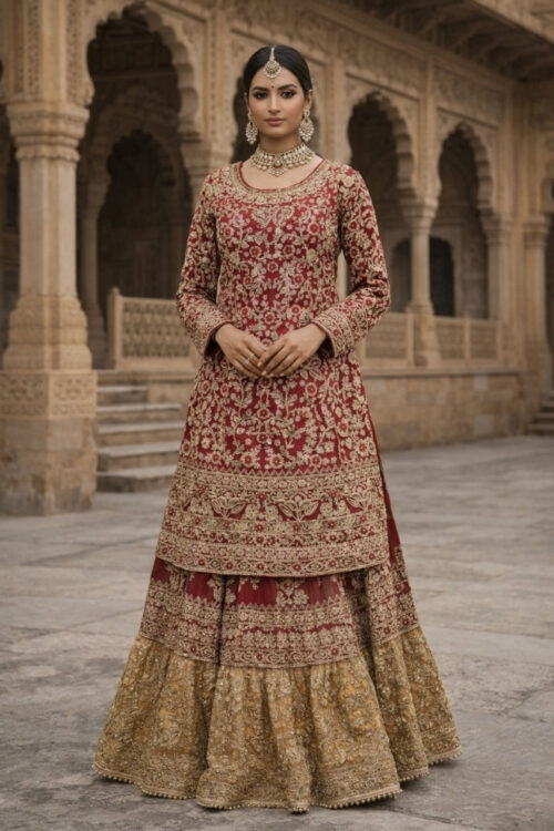 Maroon & Gold Net Indo-Western Peplum Outfit with Full Hand Embroidery