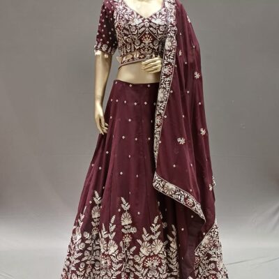 Wine Georgette Lehenga Choli with Pearl & Sequins Embroidery – Wedding wear