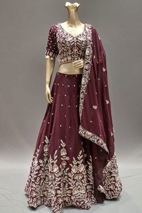 Wine Georgette Lehenga Choli with Pearl & Sequins Embroidery – Wedding wear