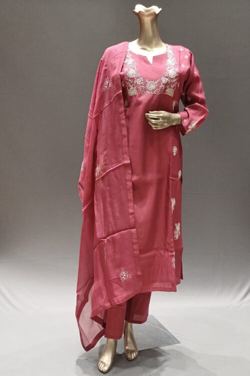 Maroon Silk Embroidered  Suit set with Pant & Dupatta for festival wear