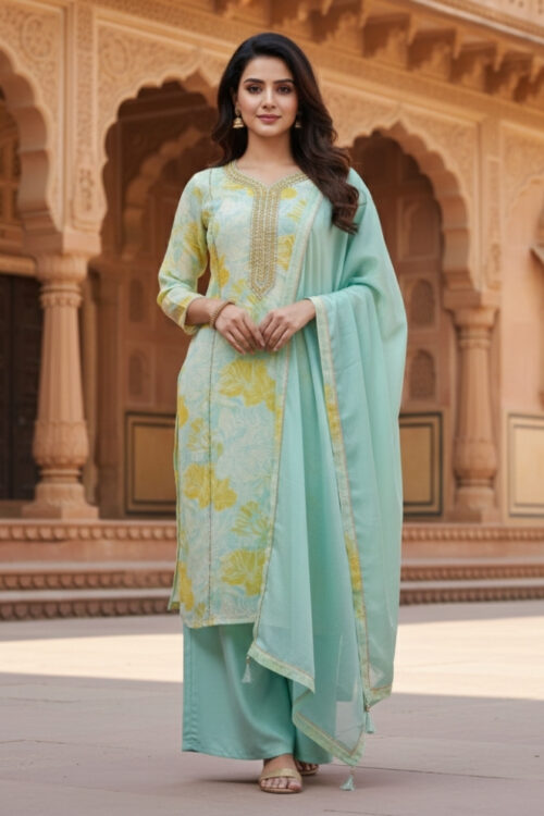Sea Green Silk Suit Set with Matching Dupatta