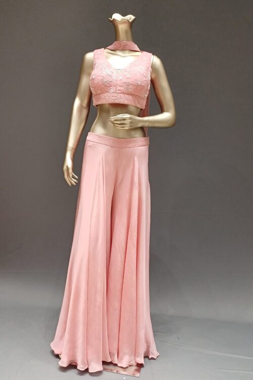 Peach Chiffon Crop Top Palazzo Set with Coordinated Dupatta