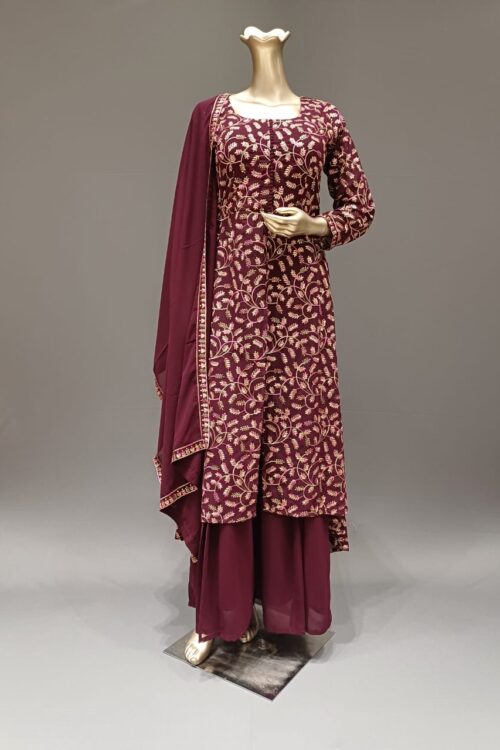 Wine Georgette Embroidered Palazzo Suit with Heavy Embroidery